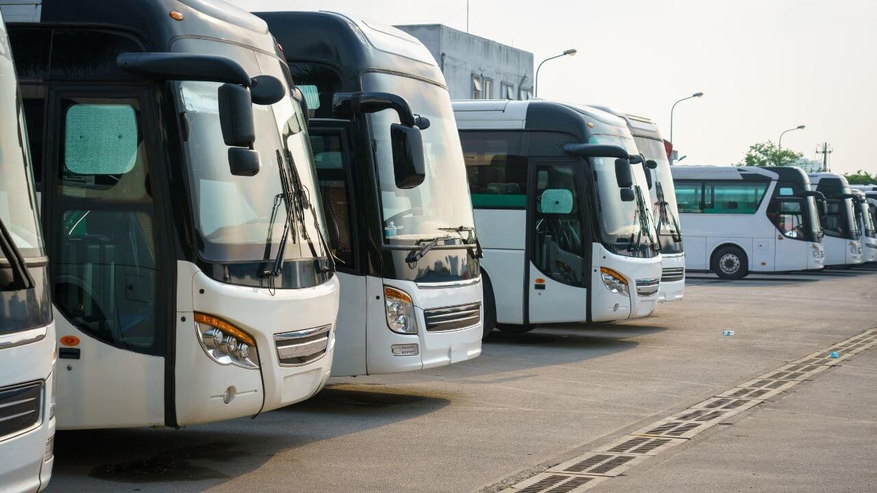 Multiple types of buses parked at the terminal, ready for deployment in the shuttle bus services fleet.