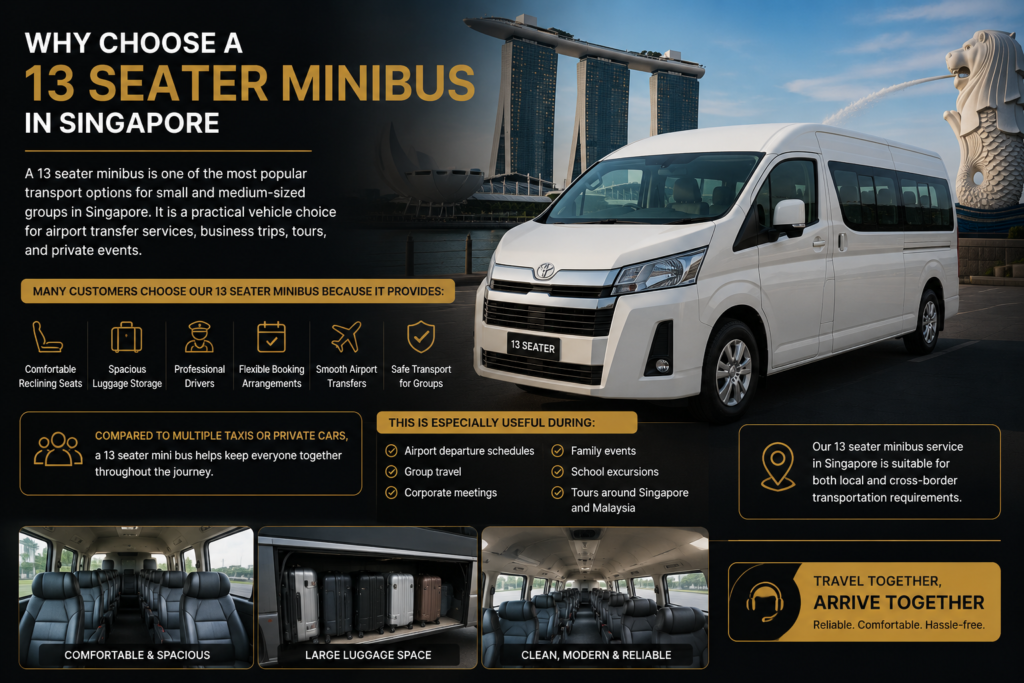 13 Seater Minibus Singapore Group Transport Service 13 seater minibus service in Singapore with comfortable seating, airport transfers, luggage space, and group transport solutions.