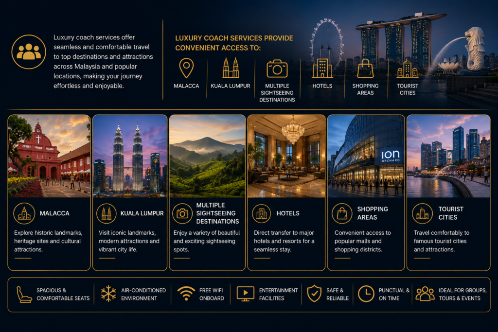 Luxury Coach Travel Destinations from Singapore to Malaysia Luxury travel destinations in Malaysia including Malacca, Kuala Lumpur, hotels, shopping areas, and sightseeing attractions accessible through premium coach services.