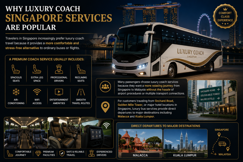 Luxury Coach Singapore Premium Travel Services Luxury coach Singapore service with premium bus travel to Malaysia, featuring spacious seating, WiFi, reclining seats, and executive transport comfort.