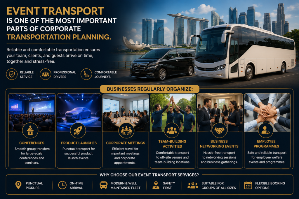 Corporate Event Transport Planning Singapore Corporate event transport services in Singapore for conferences, product launches, business meetings, team-building activities, and employee programmes.