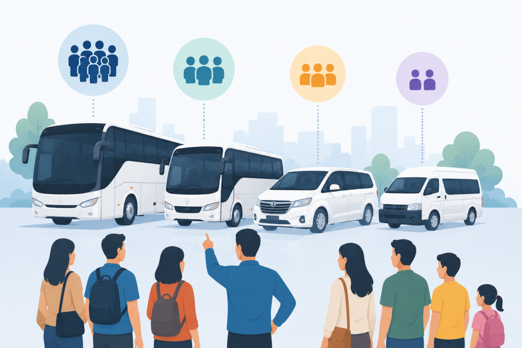Assigning the right buses and vehicles based on group size for Bus Rentals
